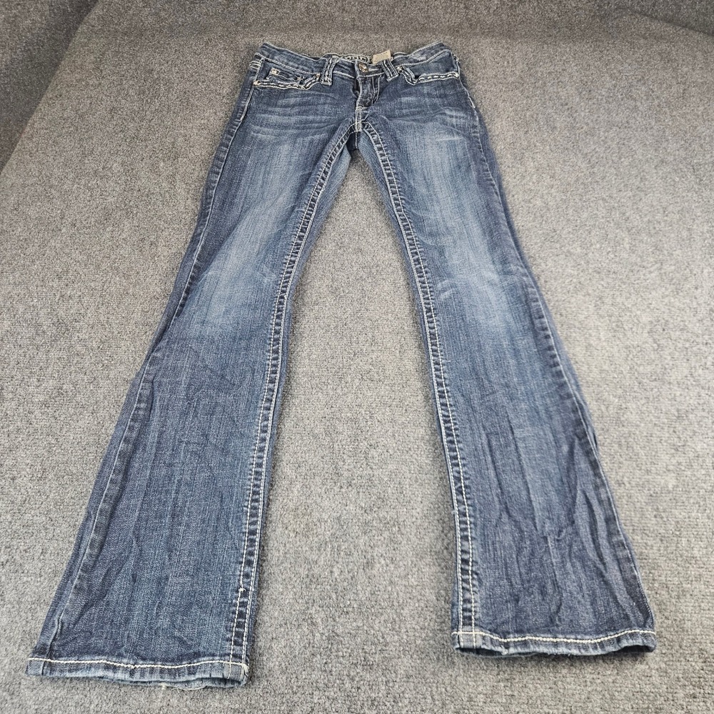 Zipper Bootcut Jeans Womens 7 Medium Wash Rhinestone Flap Pocket Y2K ZI-LP7017